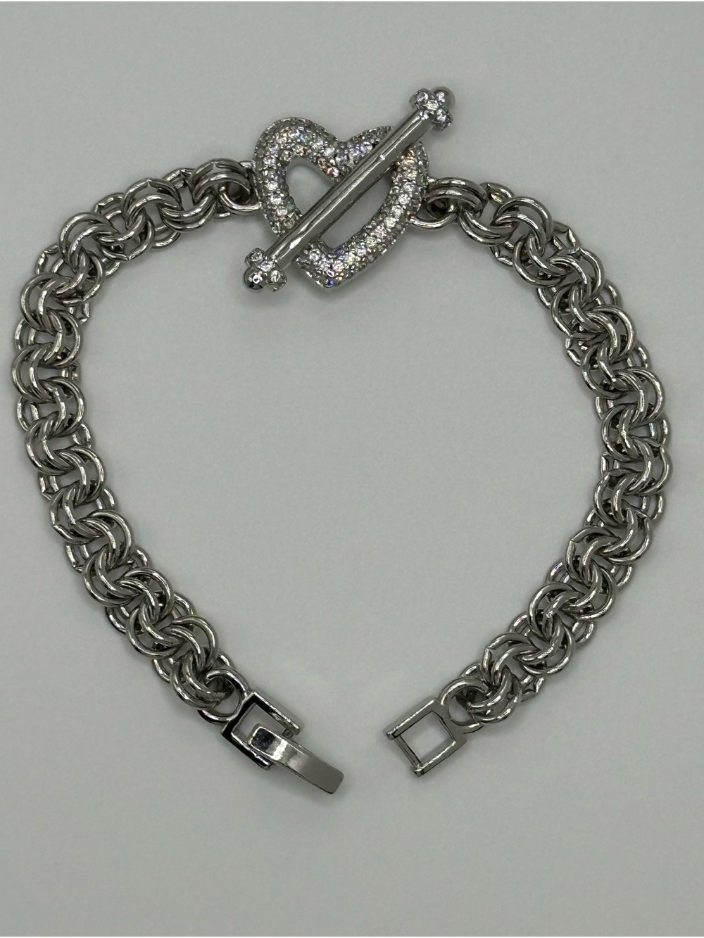 White Gold Filled Pave Heart Toggle Chain Bracelet